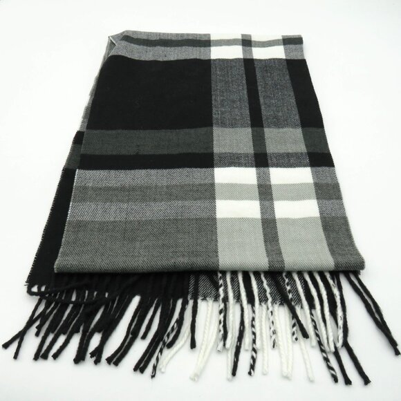 Italy Design Scarf Black 68" White Plaid Cashmere Feel Fringe Unisex Soft - Picture 3 of 5
